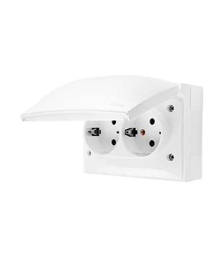 Gniazdo podwójne Schuko przesłony torów prądowych IP44 klapka w kolorze pokrywy biały 16A ACGSZ2Z/11 AquaClick