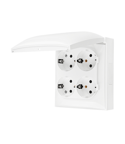 Gniazdo poczwórne Schuko IP44 z przesłonami torów prądowych klapka w kolorze pokrywy biały 16A ACGSZ4CZ/11 AquaClick