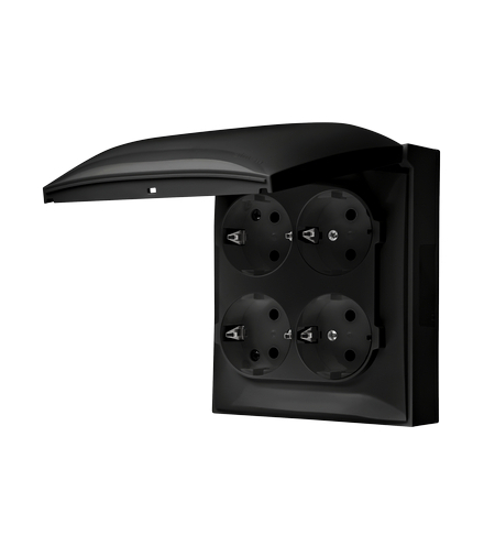 Gniazdo poczwórne Schuko IP44 z przesłonami torów prądowych klapka w kolorze pokrywy czarny mat 16A ACGSZ4CZ/49 AquaClick
