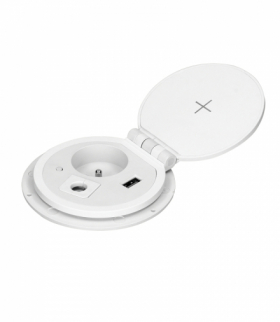 Gniazdo meblowe Ø8cm wpuszczane w blat z ładowarką indukcyjną, ładowarką USB, przelotką kablową i przewodem 2m OR-GM-9011/W