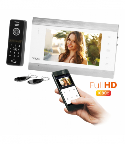 Zestaw wideo domofonowy VIFIS Full HD, bezsłuchawkowy, monitor 7" LCD, menu OSD, kamera Full HD 1080P, z szyfratorem i czytniki VDP-61FHD/W