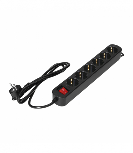 Przedłużacz 6-krotny 2P+Z (Schuko) , z wyłącznikiem i kablem 1,5m, czarny Orno ES-1(GS)/B/1,5M