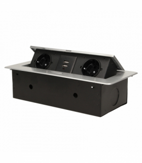 Gniazda meblowe wpuszczane w blat z płaskim frezowanym rantem i ładowarką USB, 2x2P+Z (Schuko), 2xUSB, srebrny Orno OR-AE-13109(