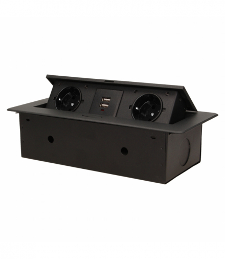 Gniazda meblowe wpuszczane w blat z płaskim frezowanym rantem i ładowarką USB, 2x2P+Z (Schuko), 2xUSB, czarny Orno OR-AE-13109(G