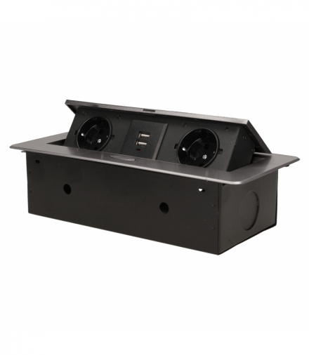 Gniazda meblowe wpuszczane w blat z płaskim frezowanym rantem i ładowarką USB, 2x2P+Z (Schuko), 2xUSB, grafit Orno OR-AE-13109(G