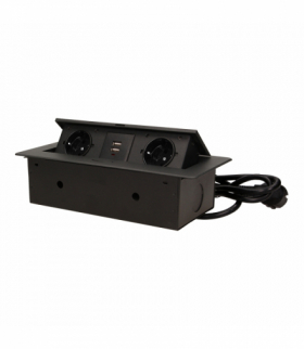 Gniazda meblowe wpuszczane w blat z płaskim frezowanym rantem, ładowarką USB i przewodem 1,5m, 2x2P+Z (Schuko), 2xUSB, czarne Or