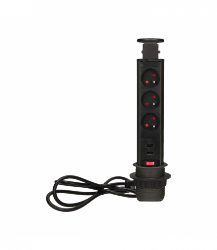 Gniazdo meblowe Ø6cm wysuwane z blatu z ładowarką USB, blokadą i przewodem 1,8m, 3x2P+Z, czarne Orno OR-AE-1349/B