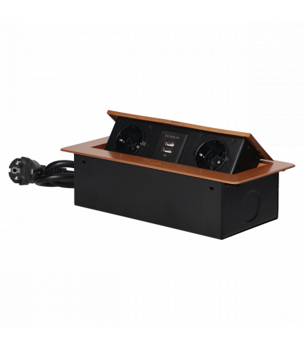 Gniazda meblowe wpuszczane w blat z płaskim frezowanym rantem, ładowarką USB i przewodem 1,5m, 2x2P+Z (Schuko), 2xUSB,złote Orno