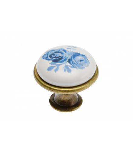Gałka porcelanowa 0728-J4 A-Blue Rose antyczny mosiądz GTV GP-0728-J4-A-04