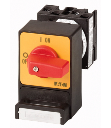 T0-2-1/E/SVC(S)-RT - Rozłączniki panikowe, T0, 20 A, montaż, 3-biegunowe, z czerwonym pokrętłem i żółtą płytą czołową, funkcja b