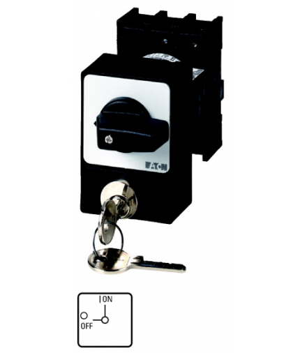 P1-32/E/SVA(A) - Rozłącznik ZAŁ-WYŁ, P1, 32 A, montaż, 3-biegunowe, z czarnym pokrętłem i tabliczką czołową, Blokada zamka cylin