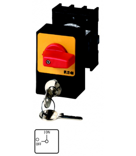 P1-32/E/SVA(S)-RT - Rozłączniki panikowe, P1, 32 A, montaż, 3-biegunowe, z czerwonym pokrętłem i żółtą płytą czołową, Blokada za