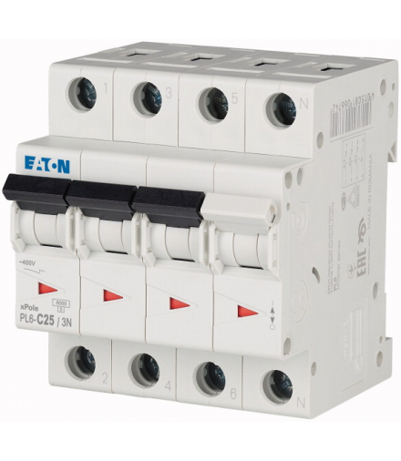 PL6-C25/3N - Wyłącznik nadprądowy, 25A, 3b+N, B-Char Eaton 106912