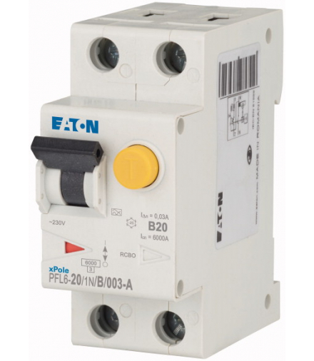 PFL6-20/1N/B/003-A - Wyłącznik różnicowoprądowy z modułem nadprądowym, 20 A, 30 mA, charakterystyka wyzwalania wyłącznika nadprą