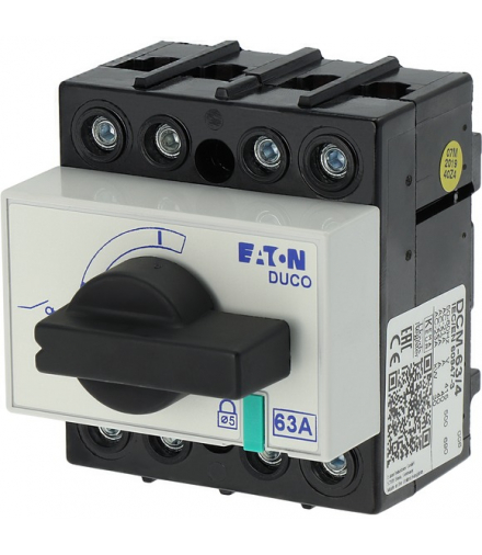 DCM-63/4 - Rozłącznik izolacyjny, DCM, 63 A, 4-biegunowe, z czarnym uchwytem obrotowym i osią napędową, przyłącze pionowe Eaton 