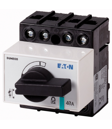 DMM-40/1 - Rozłącznik izolacyjny, DMM, 40 A, 3P + N (stałe), z czarnym uchwytem obrotowym i osią napędową, przyłącze pionowe Eat