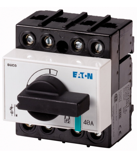 DCM-40/1 - Rozłącznik izolacyjny, DCM, 40 A, 3P + N (stałe), z czarnym uchwytem obrotowym i osią napędową, przyłącze pionowe Eat