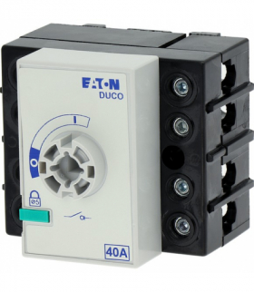 DCM-40/4 - Rozłącznik izolacyjny, DCM, 40 A, 4-biegunowe, z czarnym uchwytem obrotowym i osią napędową, przyłącze pionowe Eaton 