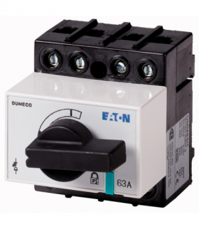 DMM-63/1 - Rozłącznik izolacyjny, DMM, 63 A, 3P + N (stałe), z czarnym uchwytem obrotowym i osią napędową, przyłącze pionowe Eat