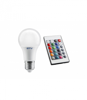 Żarówka LED RGBW, A60, E27, 10W, AC220-240V, kąt świecenia 180*, 810lm, 87mA, pilot RGBW GTV LD-PC2A60RGBW-10W