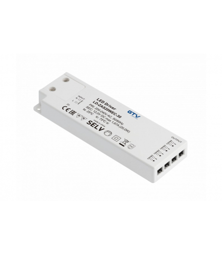 Zasilacz LED SLIM EASY CLICK 12V,20W ,input 220-240VAC, IP20, wym.129x42x16 mm z mini amp i przewode GTV LD-ZAS20WEC-30