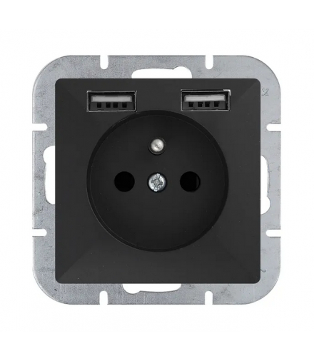 Perła Gniazdo pojedyncze p/t 2p+Z 16A, 250V z ładowarką 2A, 5V , 2xUSB PT-16P/USB CZARNY MAT Abex 9002680