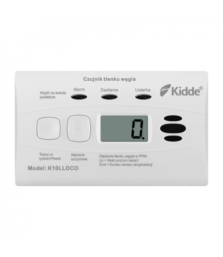 Czujnik czadu z wyświetlaczem i wbudowaną baterią K10DLLCO, gwarancja 10 lat, Kidde