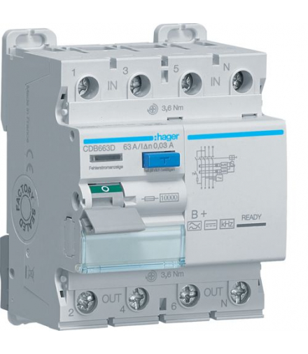 CDB663D RCCB Wyłącznik różnicowoprądowy 3P+N 63A 30mA 10kA B+ Hager