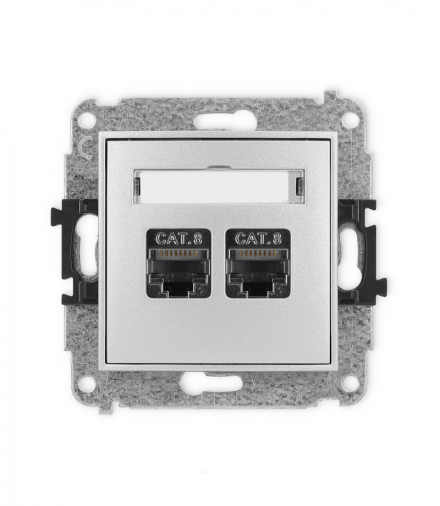 MINI Mechanizm gniazda komputerowego podwójnego 2xRJ45, kat. 8, ekranowane, 8-stykowy Srebrny Karlik 7MGK-12