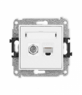 MINI Mechanizm gniazda antenowego poj. typu F (SAT) + gniazda komp. poj. 1xRJ45, kat. 6, 8-stykowy biały mat Karlik 25MGFK-3