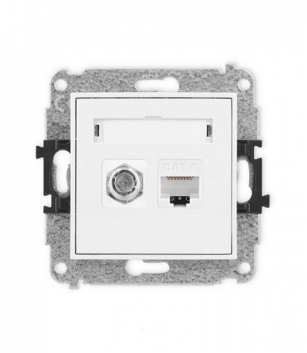 MINI Mechanizm gniazda antenowego poj. typu F (SAT) + gniazda komp. poj. 1xRJ45, kat. 6, 8-stykowy biały mat Karlik 25MGFK-3