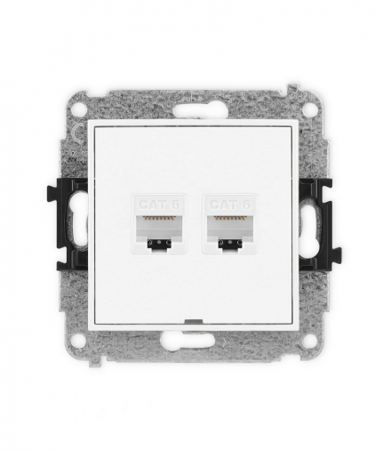 MINI Mechanizm gniazda komputerowego podwójnego 2xRJ45, kat. 6, 8-stykowy, bez pola opisowego biały mat Karlik 25MGKBO-4