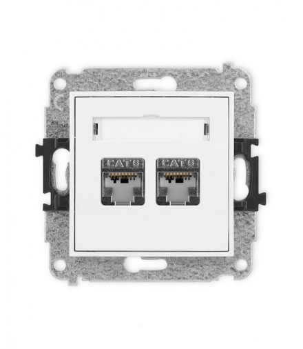 MINI Mechanizm gniazda komputerowego podwójnego 2xRJ45, kat. 6, ekranowane, 8-stykowy biały mat Karlik 25MGK-6