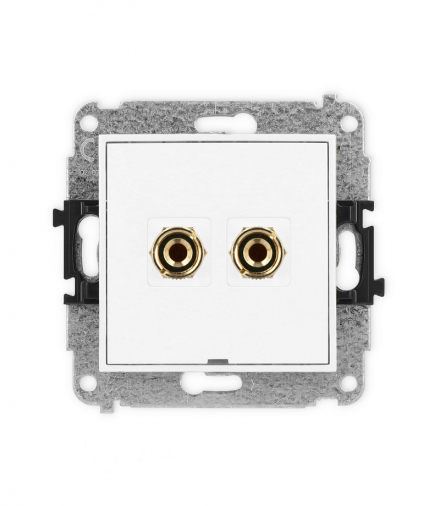 MINI Mechanizm gniazda głośnikowego pojedynczego, bez pola opisowego (typu banan - czerwony i czarny, pozłacany, 4 mm2, do lutowania) biały mat Karlik 25MGGBO-3