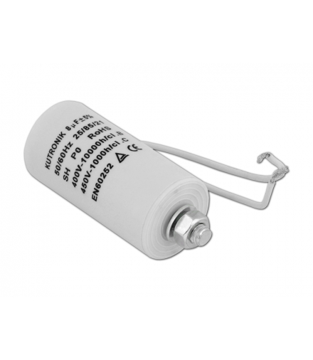 Kondensator silnikowy 8uF/450VAC z przewodami. LXKON19