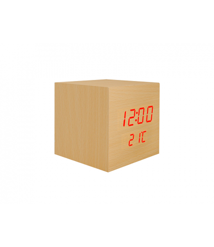 Budzik kostka LED z termometrem, naturalny kolor drewna LTC LXLTC05