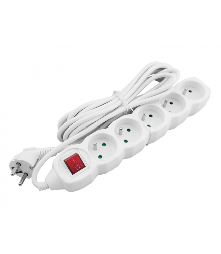 Przedłużacz sieciowy 5 gniazd z uziemieniem i włącznikiem, 5 m, biały. LXPP53
