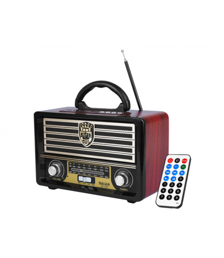 Radio przenośne Retro, USB, TF Card, AUX, pilot, wbudowany akumulator, mahoń. LX113BT