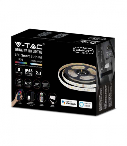 Taśma Pasek LED 10W Zestaw z zasilaczem, Kompatybilny z Amazon Alexa i Google Home, Barwa: RGB+3w1, IP65 (EU Wtyczka) V-TAC 2910