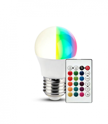Żarówka LED E27 4.8W G45 sterowana pilotem, Barwa:RGB+3000K, Ściemniana, V-TAC 3028