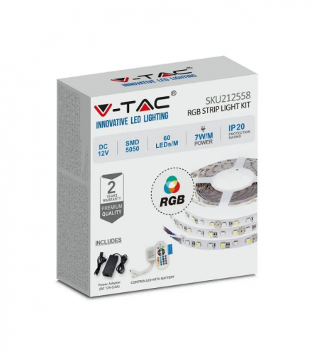 Taśma Pasek LED 10W Zestaw z zasilaczem i sterownikiem, Barwa: RGB, IP20, Rolka:5m V-TAC 212558