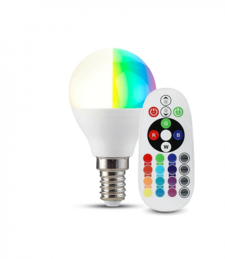 Żarówka LED E14 3.5W P45 sterowana pilotem, Barwa:RGB+3000K, Ściemniana, V-TAC 212775