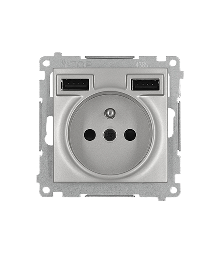 Gniazdo wtyczkowe z ładowarką 2xUSB, 2.1A, 5V DC, 230V srebrny mat, metalizowany DGZ1ZUSB2AA.01/43
