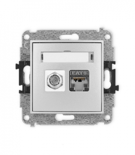 ICON Gniazdo antenowe pojedyncze typu F (SAT) + gniazdo komputerowe 1xRJ45, kat. 6 ekranowane, 8-stykowy srebrny metalik Karlik 7IGFK-5
