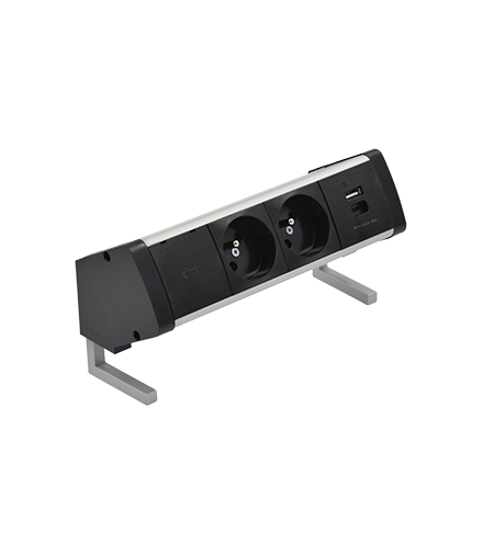 Biurkowy zestaw gniazd 2x250V typ E + ładowarka USB A-C szybkozłącza aluminium czarny Simon480 48410E20B000000-40