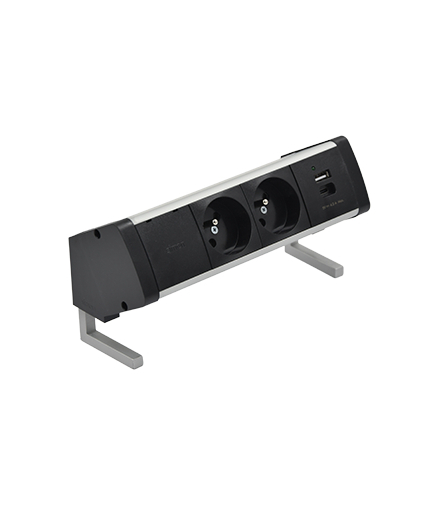 Biurkowy zestaw gniazd 2x250V typ E + ładowarka USB A-C szybkozłącza aluminium czarny Simon480 48410E20B000000-40