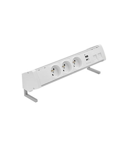 Biurkowy zestaw gniazd 3x250V typ E + ładowarka USB A-C+ plakietka 2xRJ45 szybkozł. aluminium biały Simon480 48410E30BK00000-30