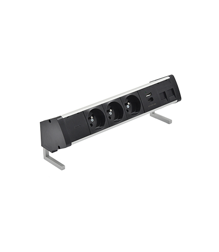 Biurkowy zestaw gniazd 3x250V typ E + ładowarka USB A-C+ plakietka 2xRJ45 szybkozł. aluminium czarny Simon480 48410E30BK00000-40