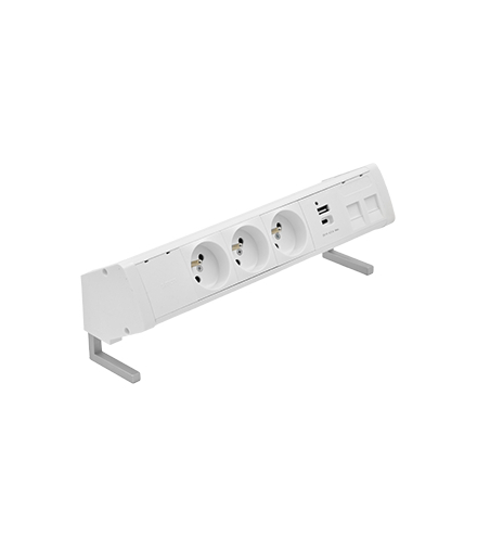 Biurkowy zestaw gniazd 3x250V typ E + ładowarka USB A-C+ plakietka 2xRJ45 szybkozłącza biały Simon480 48410E30BK00000-33