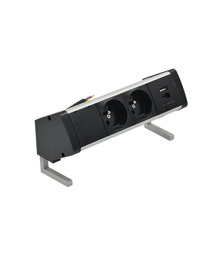 Biurkowy zestaw gniazd 2x250V typ E + ładowarka USB A-C kabel aluminium czarny Simon480 48430E20B000000-40